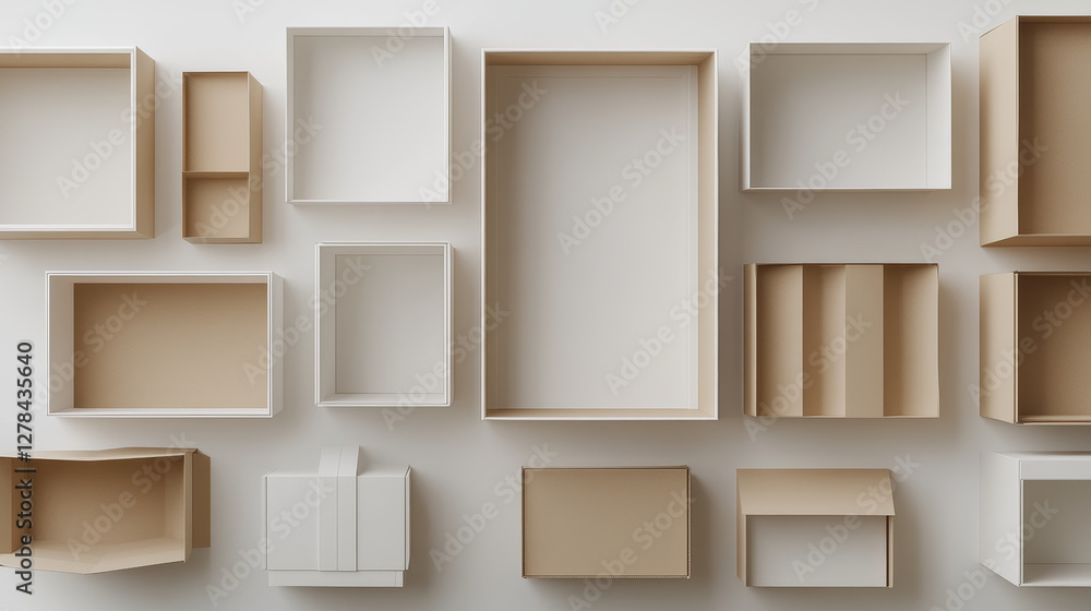 Poster realistic set of white cardboard boxes isolated on background. vector 3d illustration of blank packa