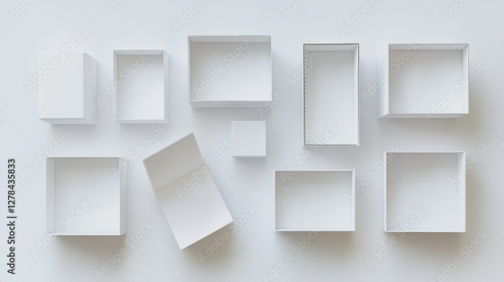 Poster realistic set of white cardboard boxes isolated on background. vector 3d illustration of blank packa