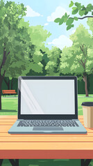 A laptop and coffee cup on a table in a park, a cartoon-style
