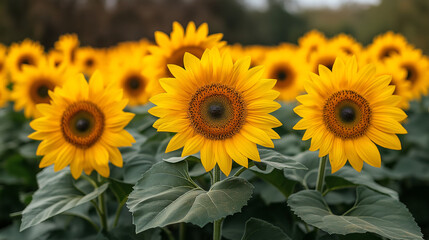 Fototapeta premium Golden sunflowers stretch their vibrant petals towards a clear blue sky, creating a breathtaking landscape in a lively field. Gentle breezes sway the sturdy green leaves beneath