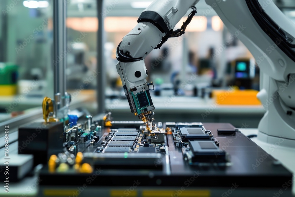 Poster a robot assembling electronic components on a computer motherboard, with wires and screws