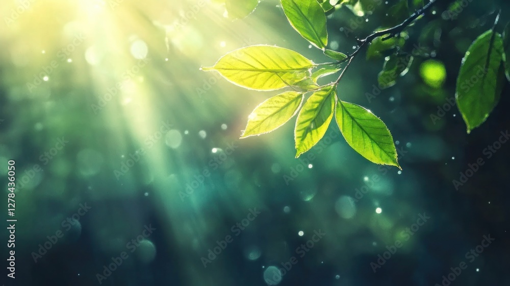 Poster glowing green leaves with sun rays in a soft focus background