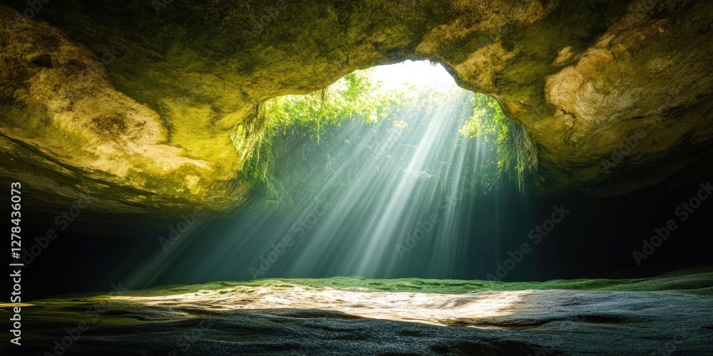 Poster light streaming through cave opening with lush greenery inside