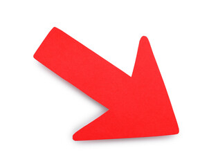 Obraz premium One red paper arrow isolated on white, top view