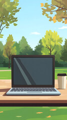 A laptop and coffee cup on a table in a park, a cartoon-style
