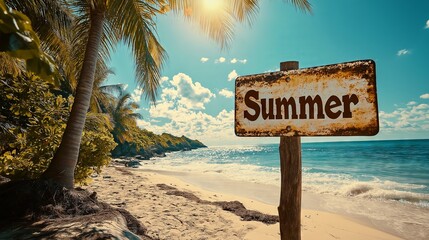 A sign with "Summer", positioned on a sandy beach. The golden sun shines brightly in the clear sky, and turquoise waves crash gently on the shore.