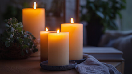 Four glowing candles illuminate a serene tabletop, casting gentle shadows and creating a peaceful atmosphere. Lush greenery in the background enhances the tranquil vibe of the evening