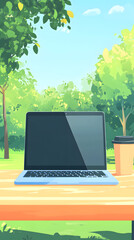A laptop and coffee cup on a table in a park, a cartoon-style
