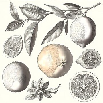 Citrus varieties displayed with intricate detail illustrating their shapes and textures against a light background