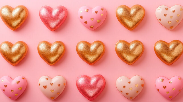 Valentines day pattern background with gold and pink hearts on a pink background. Love symbols.