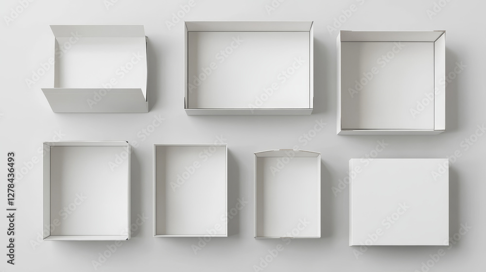 Poster realistic set of white cardboard boxes isolated on background. vector 3d illustration of blank packa