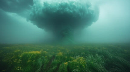 Dark clouds swirl dramatically, creating an ominous atmosphere above a serene landscape filled with vibrant wildflowers. The strange greenish light adds an otherworldly feel to the impending storm