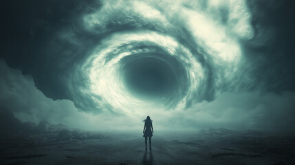 A lone figure gazes into a vast, swirling portal in the sky, surrounded by dark clouds and empty terrain. The atmosphere exudes a sense of mystery and intrigue, inviting exploration