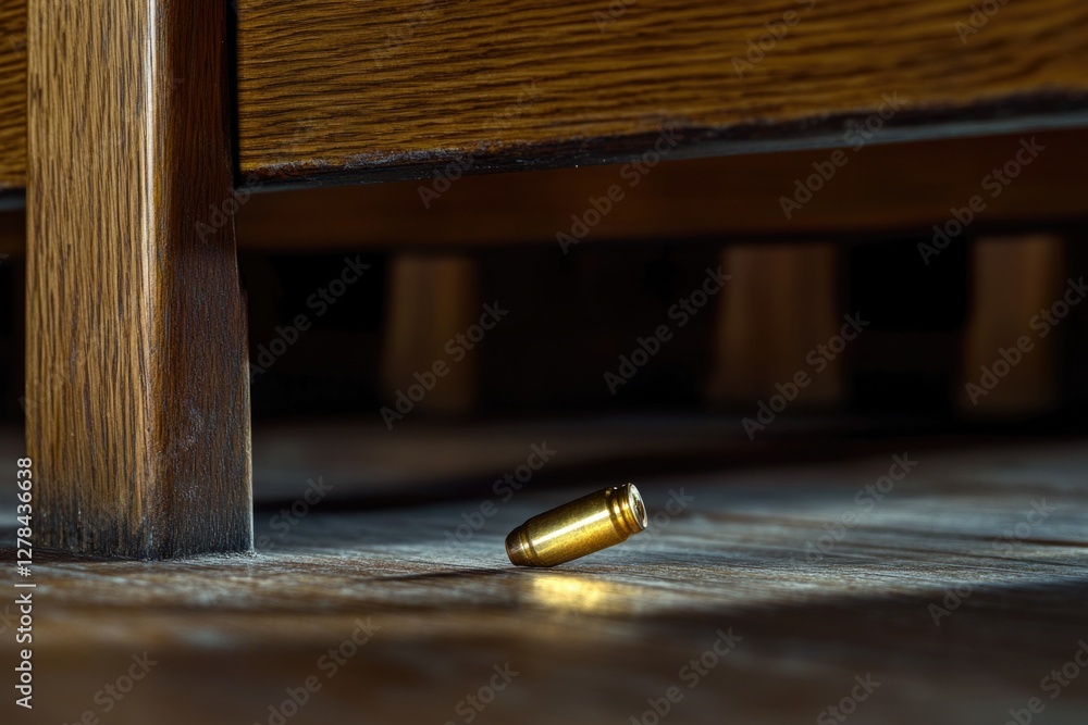 Poster A single bullet lying on the floor under a bed, often used in crime scene or investigation scenarios