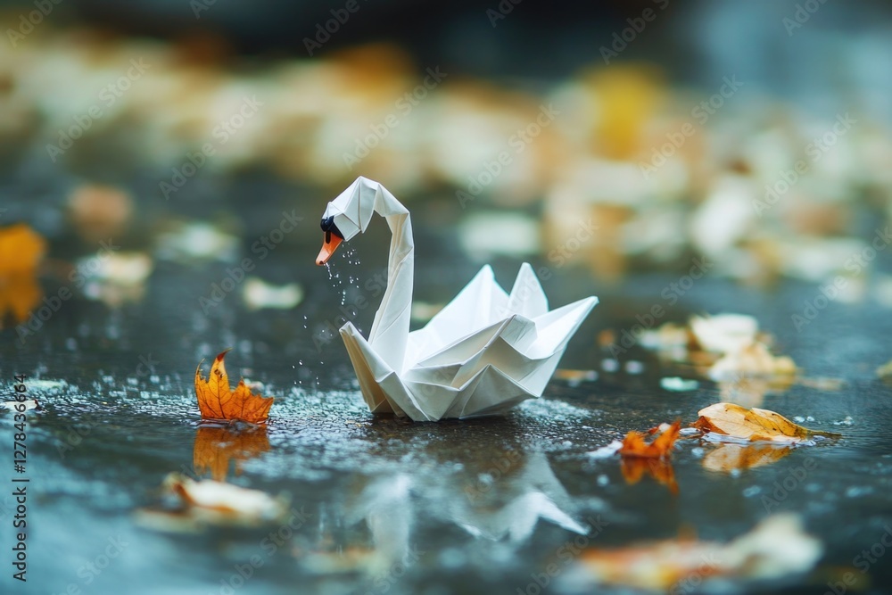 Poster a serene scene with a white paper swan floating on the surface of a puddle of water