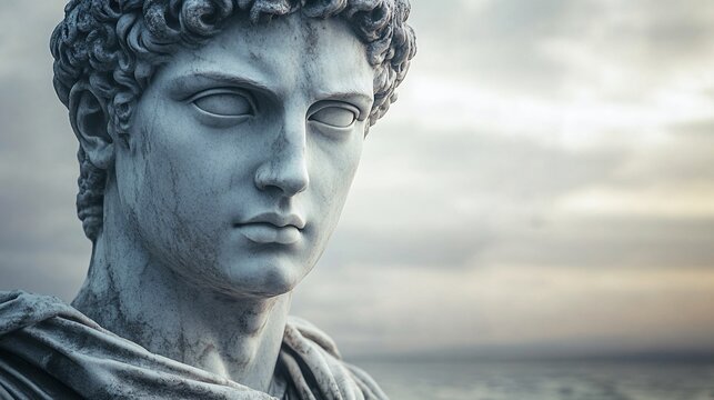 A marble statue of a classical man against a sky background