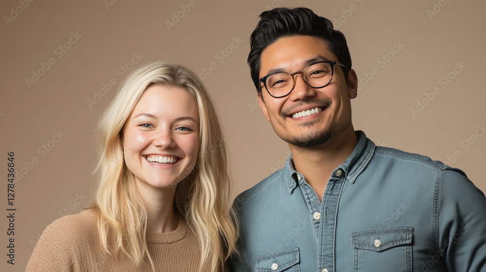 Wall mural Portrait of happy smiling young couple, woman and Asian man with glasses smiling together in studio