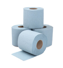 Stacked light blue toilet paper rolls isolated on white