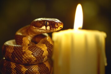 Obraz premium A snake coiled next to a lit candle