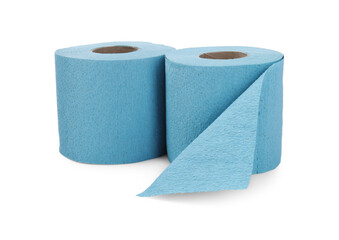 Light blue toilet paper rolls isolated on white
