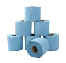 Stacked light blue toilet paper rolls isolated on white
