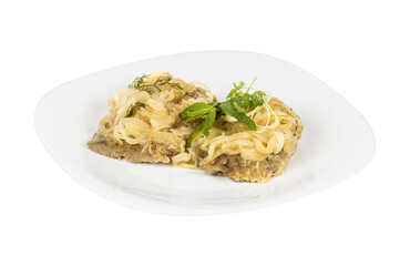 A clean white plate with one piece of food on a white background