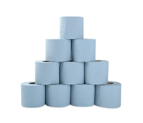 Stacked light blue toilet paper rolls isolated on white