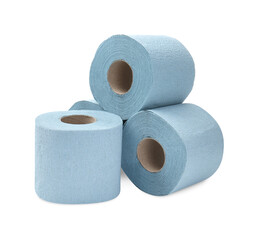 Stacked light blue toilet paper rolls isolated on white