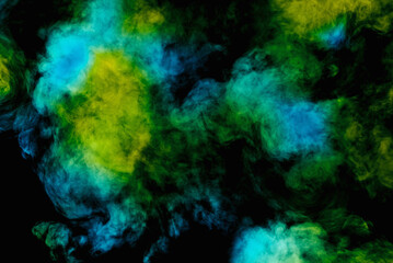 Mysterious Vibrant Smoke Swirls Evoke Depth. Greenish-blue glow, evoking intrigue, suggests...