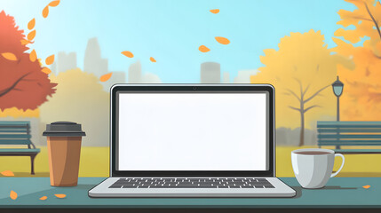 A laptop and coffee cup on a table in a park, a cartoon-style
