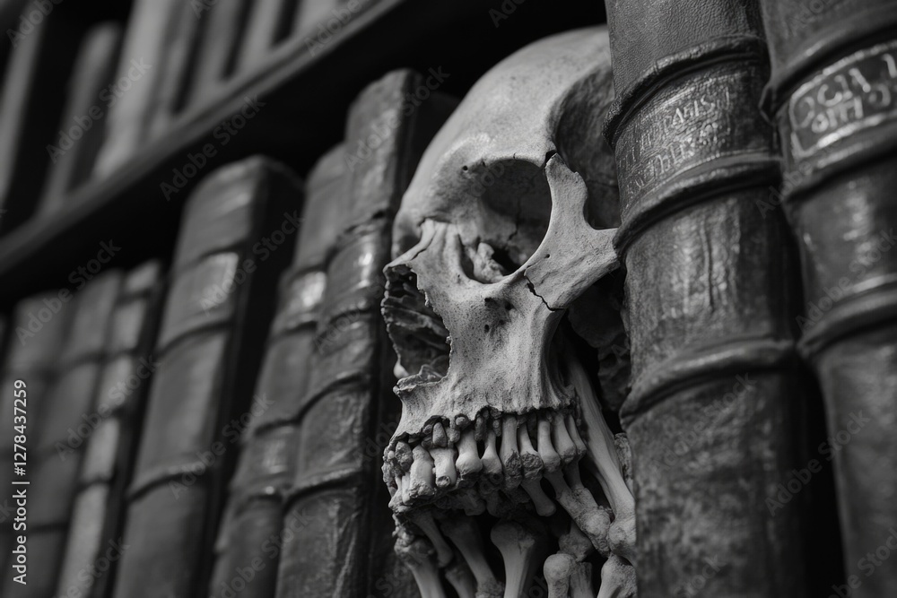 Poster a skull sits on a bookshelf in a quiet library setting, suitable for use in educational or creative 