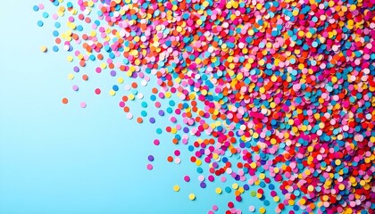 Fototapeta premium Confeti colorido cayendo sobre un montón de confeti, fondo azul claro, fiesta, celebración, diversión, festivo, brillante, alegre, vibrante, alegre, juguetón