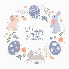 Illustrations of Happy Easter wreath with bunnies, eggs, daffodils, and flowers on a white background
