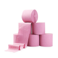 Stack of pink toilet paper rolls isolated on white