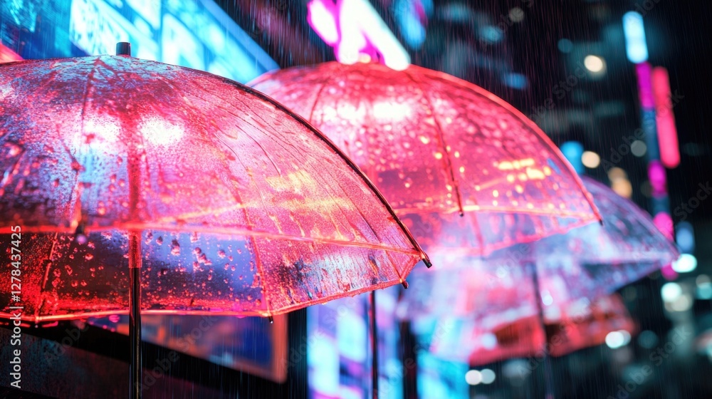 Poster a collection of umbrellas standing under rainy weather, suitable for use as background or prop image