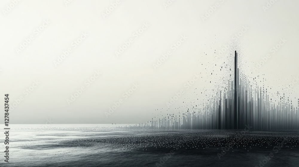 Aufkleber abstract landscape with towering structures emerging from a calm sea under a hazy sky