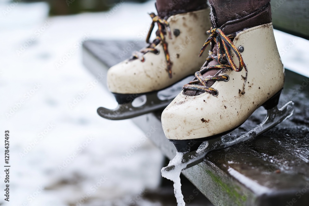 Poster a pair of ice skates sitting on a bench, ready for use