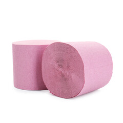 Pink toilet paper rolls isolated on white