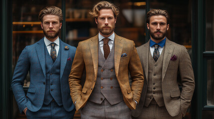 Three dapper gentlemen pose confidently, each donning tailored suits in varying colors and patterns, set against a chic urban backdrop during early evening light