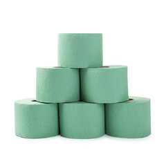 Stack of green toilet paper rolls isolated on white
