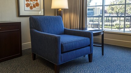 Blue armchair in hotel room near window.