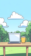 A laptop and coffee cup on a table in a park, a cartoon-style
