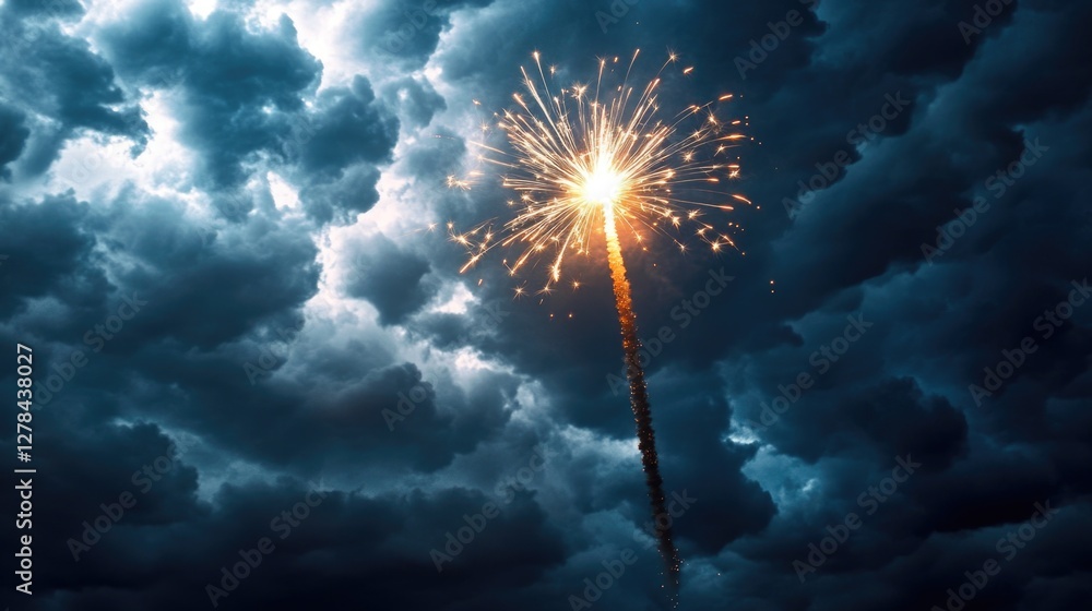Poster Firework exploding in the sky against a backdrop of clouds, great for stock photos and illustrations
