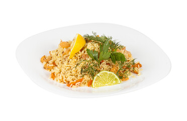 A white plate holds rice, shrimp, lemon, and fresh parsley