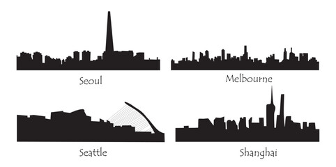 Set of skyline silhouettes of different cities, Seoul, Melbourne, Seattle, Shanghai. Cityscape black flat vector illustrations isolated on transparent background