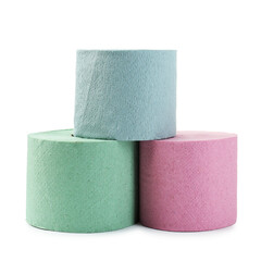 Stack of colorful toilet paper rolls isolated on white