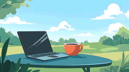 A laptop and coffee cup on a table in a park, a cartoon-style
