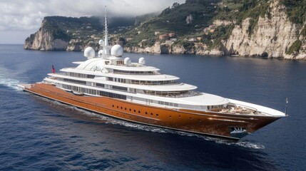 Luxury yacht sailing near a coastal cliff.