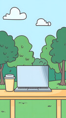 A laptop and coffee cup on a table in a park, a cartoon-style
