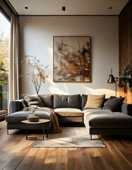 modern minimalist living space featuring soft lighting, a gray sectional, and wooden flooring